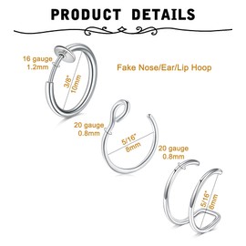 MODRSA Fake Nose Ring Hoop Faux Nose Rings Hoop Fake Lip Ring Clip on Nose Ring Clip on Earring Hoop Fake Nose Piercing Fake Hoop Earrings Silver