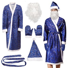 Costume5PCS Men Santa Claus Robe, Santa Christmas Costume with Velvet Cloak Hat Gloves, Adult Xmas Cosplay Outfit (C)