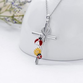 Flpruy Ladybug Necklace for Women 925 Sterling Silver Ladybug Cross Pendant Jewelry Gifts for Mother Grandma