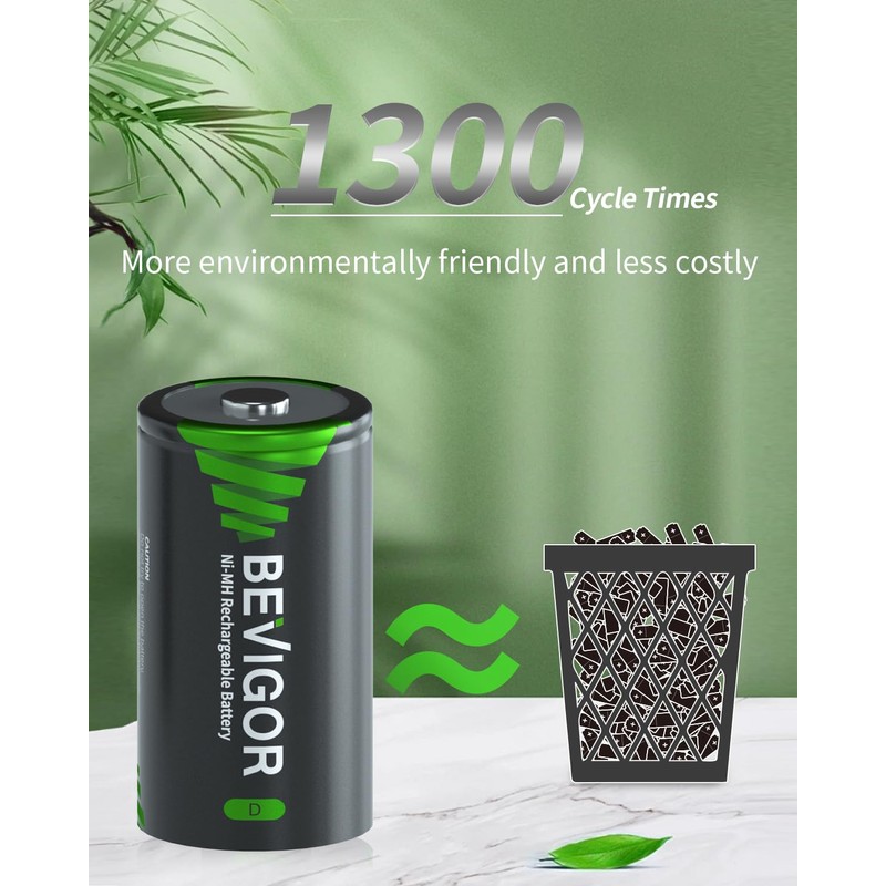 BEVIGOR 4 Pack 10000mAh Rechargeable D Batteries High Energy,Low Self-Discharge