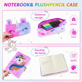 Beihre Girls' Diary with Lock, Unicorn Plush Top Model Diary with Code Secret Private Diary Book with Pen Bag for Children Returning to School