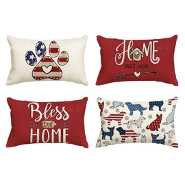 AVOIN colorlife Bless Our Home Dog Paw America Flag Stars Throw Pillow Covers, 12 x 20 Inch 4th of July Patriotic Independence Memorial Day Cushion Case for Sofa Couch Set of 4