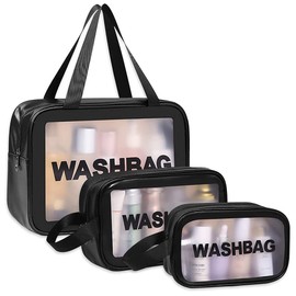 Umtiti 3pcs Waterproof Cosmetic Bag, Cosmetic Bag, Cosmetic Bag, Translucent Travel Supplies Storage Bag, Women and Men, S + M + L (Black, DE, black, Washbag