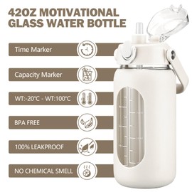 kytffu 42oz Glass Water Bottles with Straw, Motivational Glass Bottle with Silicone Sleeve and Time Marker, Leakproof Large Glass Water Jug for Gym Home Office,White