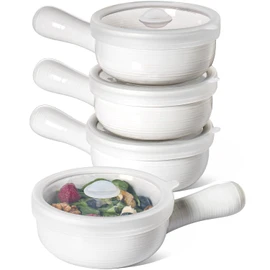 LE TAUCI Soup Bowls with Handles and Silicone Lids, 15 Oz French Onion Soup Crocks, Non-Toxic Ceramic Soup Bowls for Noodles, Stew, Cereal and Chilli, Oven Microwave Dishwasher Safe, Set of 4, White
