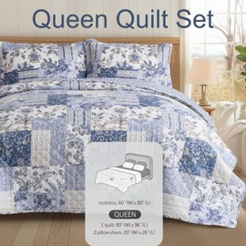 DAWNDIOR Boho Blue Floral Quilt Set Queen Size - 90"x96" Reversible Bedspread Two-Sided Bedding, All-Season Lightweight Bedding with Recycled Cotton, Farmhouse Decor & Housewarming Gift