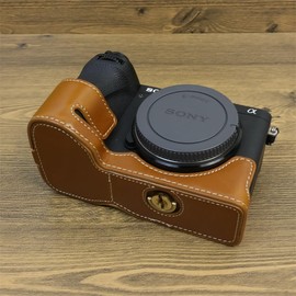 A6700 Case, BMAOLLONGB Handmade PU Leather Half Camera Case Bag Cover Bottom Opening Version for Sony Alpha A6700 with Hand Strap (Brown-A)