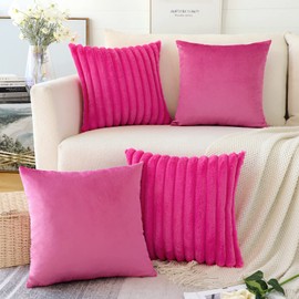 JOTOM Set of 4 Faux Fur Plush Cushion Cover Decorative Throw Pillow Covers Striped Soft Fuzzy Pillowcase Cozy Velvet Square Pillow Covers for Couch Sofa Bedroom Home Car Decor 45x45 cm (Hot Pink)