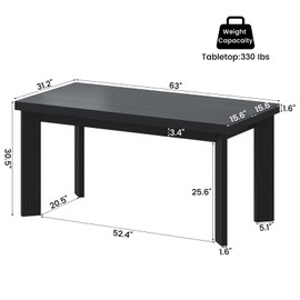 Bigbiglife 63 Inch Dining Table for 6, Indoor Outdoor Dining Table with Wood Legs, Kitchen Table with Large Tabletop, Rectangular Dinner Table for Dining Room, Living Room, Kitchen, Black