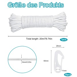 Flag Rope Flagpole Rope, 20 m Flag Rope Halyard with 10 Flag Hooks, Diameter 6 mm Weatherproof Tear-Resistant Climbing Rope, Nylon Flag Rope Flagpole Cord for Flagpole, Sailing Boat, Garden, Camping