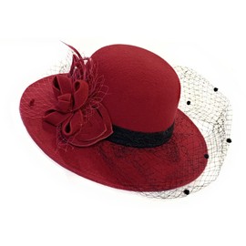 Caprilite Large Brim Felt Fedora Formal Hat Wool Mix Occasion Birdcage Veil Netting Hatinator Fascinator (Wool Blend, Burgundy/Deep Red)