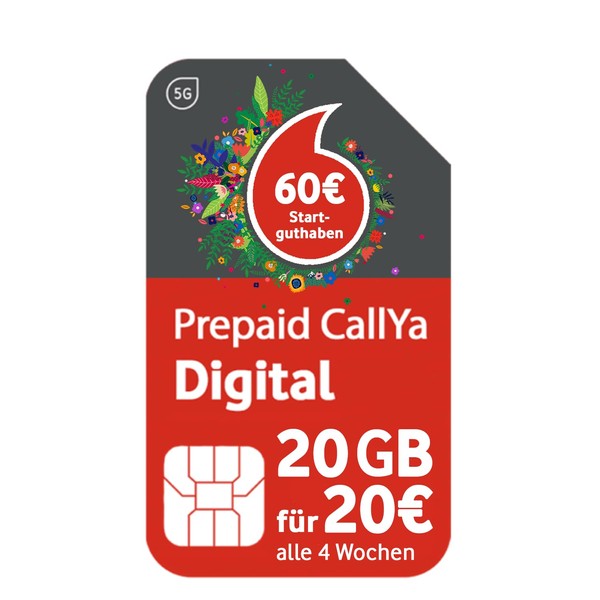 Vodafone Prepaid CallYa Digital Spring Action: 60 instead of 20 Euro Start Credit 20 GB instead of 15 GB 5G Network SIM Card without Contract Telephone & SMS Flat