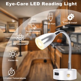 WODHMIEY 12V 24V LED Reading Light with Adjustable Gooseneck and 3 Color Temperatures, Touch Control, USB Powered, Flexible LED Lamp for Camping, Vehicle Interior, Home Office, and Emergency Lighting