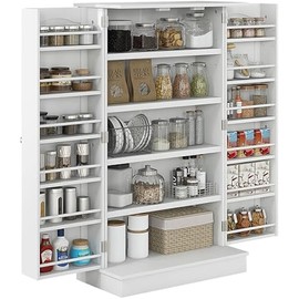 HOMCOM 41" Kitchen Pantry Storage Cabinet, Freestanding Kitchen Cabinet with 12 Door Shelves, Double Doors, 5-Tier Shelving and Adjustable Shelves, Paper White