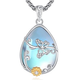 EUDORA Harmony Ball 925 Sterling Silver Butterfly Necklace for Women, Water Droplets Moonstone Butterfly and Flower Pendant Mother's Day Jewelry Gift, 22 Inch