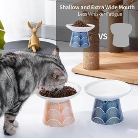 6.5-Inch Extra Wide Raised Ceramic Cat Bowl, Round Food and Water Bowl for Senior Large Felines and Small Dogs, Raised Sturdy Base Pet Feeding Tray, Stress-Free, Protects Cat's Spine - Color: Orange & Blue Net
