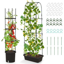 Giantex Set of 2 Raised Garden Bed w/Trellis & Plant Cage, Planter Box w/ 71” Cucumber Trellis, Round Raised Bed w/ 58.5” Tomato Cage, PE-Coated Metal, Adjustable Height for Climbing Plant