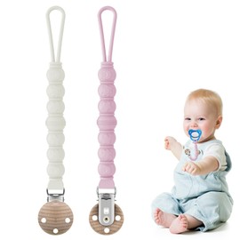 2 Stück Schnullerkette Silikon, Schnullerkette Mädchen Junge, Tragbarkeit Schnullerhalter mit Buchenholz Clip, BPA-frei Sicherheitsgurte für Flaschen, Geeignet für Baby, Hält Schnuller Sauber