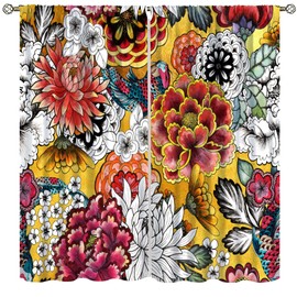 Yoakiet Boho Floral Curtains,Mid-Century Vintage Hand-Painted Multicolor Mandalas Print Rod Pocket Window Treatments Drapes for Bedroom Living Room Kitchen 42x45in