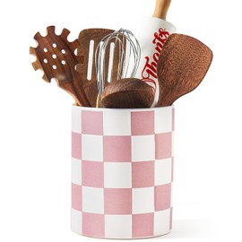 Swkien Utensil Holder，7.2 Inch Checkered Utensil Holder, Ceramic Cooking Utensil Spoon/Spatula Holder for Countertop, Kitchen Decor and Accessories for counte(Purple)