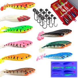 Njord Kalastus Rubber Fish with Jig Head Set 27 Rubber Fish 7 cm + 12 Jig Heads (3 g 4 g 6 g) + Box Rubber Fish Fishing Bait in 9 Designs (UV Active) Rubber Fish Artificial Bait Fishing Accessories Set Predator Fish Bait
