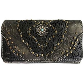 Zelris Women Western Floral Damask Pattern Medallion Crossbody Wrist Trifold Wallet (Black)