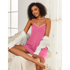 Ekouaer Womens Sleep Shirt Dress Long Pajama Top Cotton Knit Jersey V-Neck Sleepwear and Loungewear Rose Pink