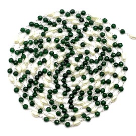 Green Onyx Jade with Glass Pearl 36 Inch 92.5 Sterling Silver Plated 4 mm - 4 x 6 mm Rondelle Drum Faceted Smooth Beads Necklace Chains Bulk for DIY Necklace Bracelet Jewellery Making 3 Feet