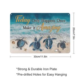 Rustic Vintage Metal Tin Sign Beach Bathroom Decor Sea Turtle Wall Art Seashells Ocean Coastal Scenery Print Artwork Novelty Metal Sign for Home Kitchen Parlor Wall Decor 8x12 Inch