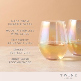 Twine Luster Stemless Wine Glasses Set with Iridescent Rainbow Finish, Modern Drinking Glasses for Red and White Wines, Wedding Gifts, Housewarming, Elegant Glassware, Home Bar, 20 oz, Set of 2
