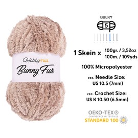 HobbyMia Bunny Fur Fluffy Yarn for Knitting & Crochet - 100gr / 109yds - 100% Micropolyester - Faux Yarn (5) Bulky Weight, Fuzzy Yarn for Hand Knitting (Beige, 1 Skein)