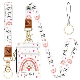 Rainbow Be Kind 2-in-1 ID Badge Holder & Lanyard Wallet for Teachers,Nurse,Professionals-Cute Zippered Coin Pouch,Removable Wristlet & Neck Lanyard,5 Card Slots Stylish Work Essential