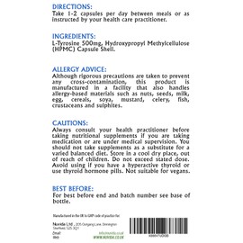 L-Tyrosine 500mg / 120 High Strength Capsules/Daily Free Form Amino Acid Supplement/Vegetarian Friendly
