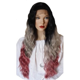 Lace Front Wigs, Loose Curly Wig with Baby Hair, 28 Inches Long Wig, Ombre Black Roots to Gray and Pink Wig, Soft Lace Wig, Premium Heat Resistant Synthetic Hair replacement wigs for women.