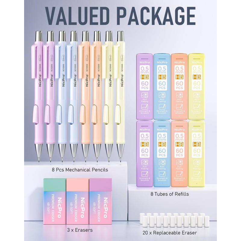 Nicpro 8 Pack Pastel Mechanical Pencil 0.5mm, Cute Fast Click