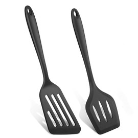 Armrouns Silicone Spatula Turner Set, 2PCS Heat-Resistant Non-Stick Fish Slotted Spatula Kitchen Utensil Set for Cooking, Baking and Mixing, BPA Free & Dishwasher Safe (Black)