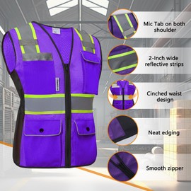 HYCOPROT Safety Vest for Women High Visibility Mesh Reflective Strips with Zipper Lady 11 Pockets Meets ANSI/ISEA Standards