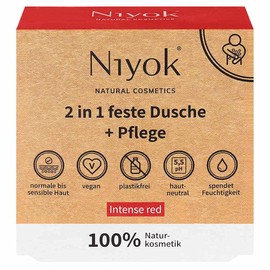 Niyok® 2-in-1 solid shower and care, solid shower gel without palm oil, skin-neutral pH 5.5 vegan, plastic-free, like shower soap, organic soap, natural cosmetics, moisturises intense red (80 g)