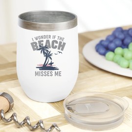 I Wonder If The Beach Misses Me Crazy Summer Themed 12oz Insulated Wine Tumbler For Beach Bum Men & Women