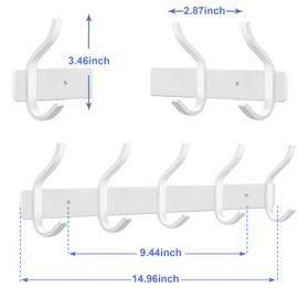 AZW Coat Rack Wall Mount,Heavy Duty Stainless Steel Metal Coat Hooks Hanging for Robes Bags Keys Hat Clothes and Bathroom Door Towels Hanger(White 5 Hooks)