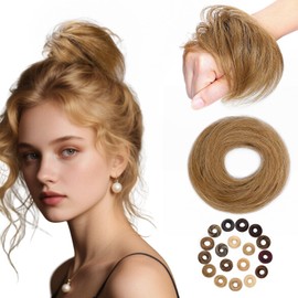 prokyvity Messy Bun Hair Piece Human Hair, Human Hair Messy Bun Hair Piece for Women,100% Real Hair Bun Wig,Invisible Light and Soft Straight-12 Golden Brown