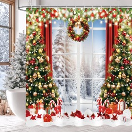 Raoycla Winter Christmas Shower Curtain, Window Snow Scene Glitter Xmas Tree Aesthetic Bathroom Decor, Rural Pine Tree Natural Scenery Bathroom Curtain with 12 Hooks Polyester Fabric 72Wx72H