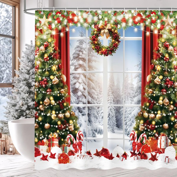 Raoycla Winter Christmas Shower Curtain, Window Snow Scene Glitter Xmas