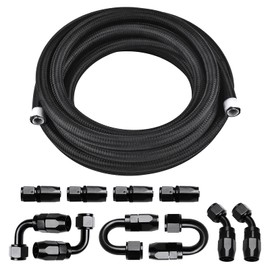 Piodelo 6AN 20FT PTFE Fuel Line Fitting Kit, E85 Nylon Braided Stainless Steel Fuel Oil Gas Hose with 10PCS Aluminum Swivel Fuel Hose Fitting Adapter Kit - Black