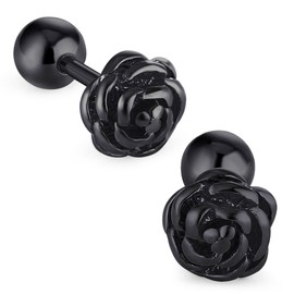 Cottvott Flowers Surgical Steel Earrings Studs for Womens Gold Black (18G(1mm) post,Black Color)