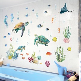decalmile Under the Sea Turtle Wall Decals Seaweed Fish Ocean Grass Wall Stickers Bathroom Living Room Bedroom Wall Decor