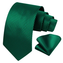 HISDERN Ties for Men Green Plaid Tie with Pocket Square Checkered Woven Business Formal Necktie Handkerchief Set Wedding Party