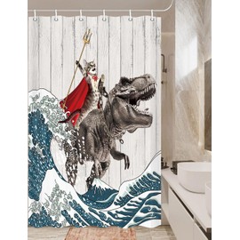 Funny Cat Shower Curtain, Cool Cat Dinosaur Japanese Ocean Wave Shower Curtain, Cat Riding Dinosaur Fun Shower Curtain Nautical Kids Children Rustic Wooden Farmhouse Shower Curtain, 36X72inch, Brown