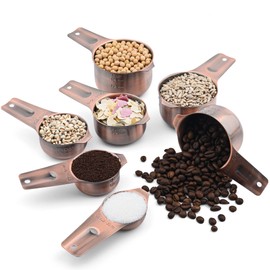zoyizi Copper Measuring Cups and Spoons Set 17, 7 Stainless Steel Measuring Cups&9 Long Hanlde Narrow Measuring Spoons for Spice Jar&Leveler, Kitchen Metric&US Measure Cup Spoons for Dry and Liquid