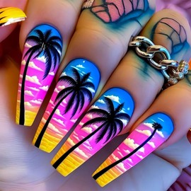 Medium Press on Nails Summer Fake Nails with Coconut Tree Designs Coffin False Nails Purple Sunset Clouds Artificial Acrylic Nails Glue on Nails Full Cover Stick on Nails for Women 24Pcs